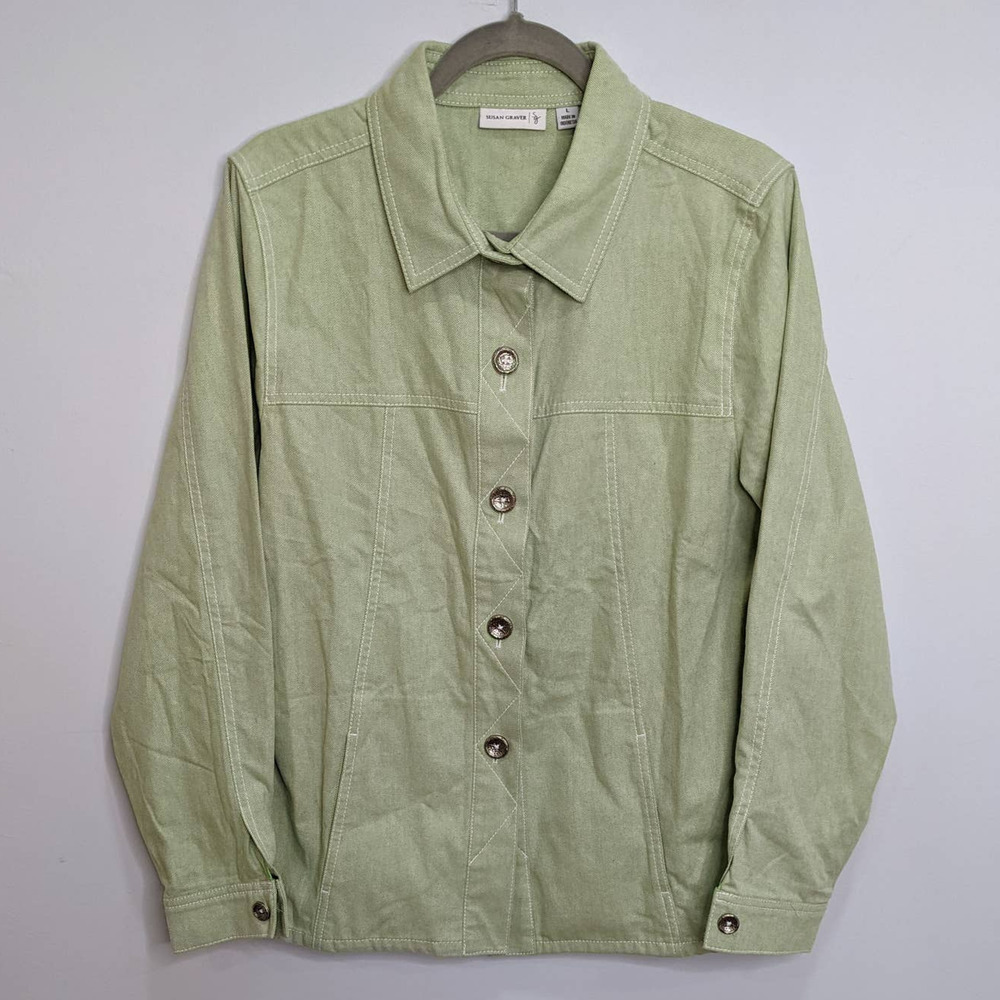 Susan Graver Shacket Womens L Plus Size Light Green Button Shirt Jacket Cotton